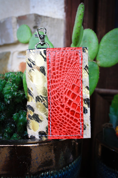 Credit Card Key Chain Red and metallic acid wash leopard hide